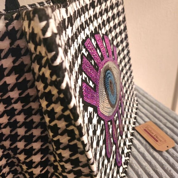 Custom Houndstooth Plaid Handbag with Pink Evil Eye Sequin Embroidery - Picture 6 of 8